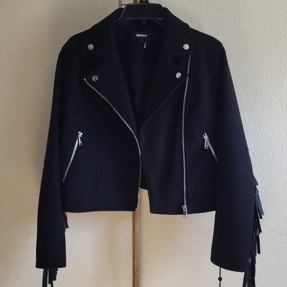 DKNY Black Fringe Moto‎ Jacket SZ S NWT - Picture 1 of 8